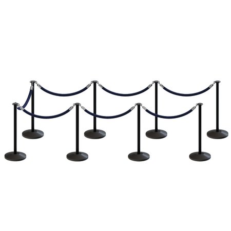 MONTOUR LINE Stanchion Post and Rope Kit Black, 8 Flat Top 7 Dark Blue Rope C-Kit-8-BK-FL-7-PVR-DB-PS